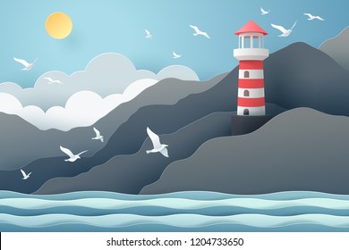 Paper art of Lighthouse and sea, origami and travel concept, vector art and illustration.