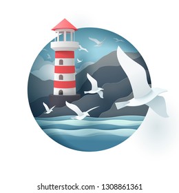 Paper art of Lighthouse and sea, origami and travel concept, vector art and illustration.