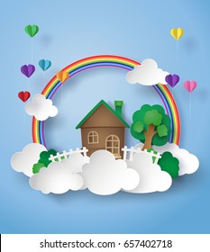 paper art of little home on the sky with rainbow and cloud.