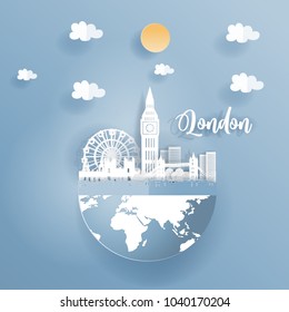 Paper art of London, England famous landmarks. City on earth. Vector illustration.