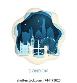 Paper art of London. Origami concept. Night city with stars. Vector illustration.