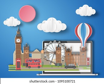 Paper art London,England infographic . Britain cityscape with labtop .