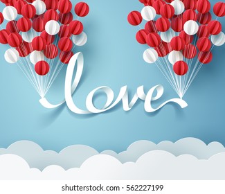 Paper art of love calligraphy and lettering hang with balloon on sky, origami and valentines day concept, vector art and illustration.