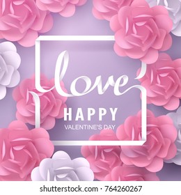 Paper art of love calligraphy and lettering with flowers, origami and valentines day concept, vector art and illustration.