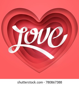 Paper art of love calligraphy and lettering on red heart, origami and valentine's day concept, vector art and illustration.