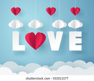 Arte de papel de amor con el corazón y la nube cuelgan del cielo, el concepto de origami y el día de San Valentín, el arte vectorial y la ilustración.