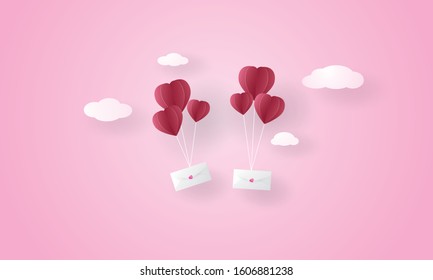 Paper art of love letter floating in the sky, Valentine's Day