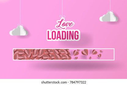 Paper art love loading texture with paper origami clouds in candy pink background. vector illustration. EPS 10