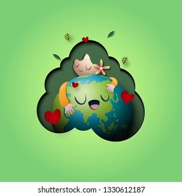 Paper art of love nature concept and mother earth day concept background template.Ecology and environment conservation creative idea concept.Vector illustration.