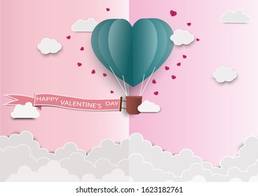 Paper art of love and Origami made air balloon heart shape flying with valentines day label.They are in the air with copy space. Mother's Day,Happy Women,Vector Valentine's Day and paper cut concept.