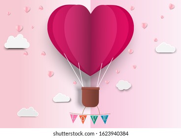 Paper art of love and Origami made air balloon heart shape flying with love label. They are in the air with copy space. Mother's Day,Happy Women,Vector Valentine's Day and paper cut concept.