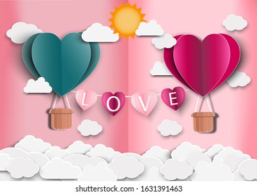 Paper art of love and Origami made air balloon heart shape flying with love label. They are in the air with copy space. Mother's Day,Happy Women,Vector Valentine's Day and paper cut concept.