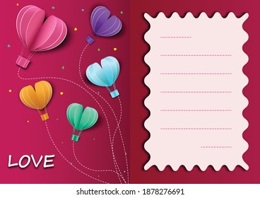 Arte de papel de amor y originami hizo que el globo aerostático sobrevolara con amor al texto. Están en el aire con espacio de tarjetas. Día de la madre, Mujeres felices, Día de San Valentín vector y concepto de corte de papel.