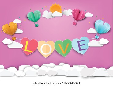 Paper art of love and Origami made air balloon heart shape flying with valentines day label.They are in the air with copy space.Mother's Day,Happy Women,Vector Valentine's Day and paper cut concept.