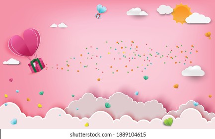 Paper art of love and Origami made air balloon heart shape flying with valentines day label.They are in the air with copy space.Mother's Day,Happy Women,Vector Valentine's Day and paper cut concept.