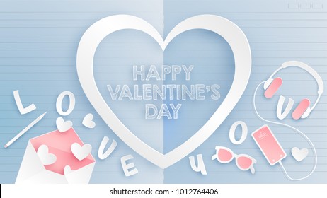 Paper art of love shape open book and accessories. Valentine's Day greeting card design. Valentine's card of school. Paper art and craft style. vector. illustration.