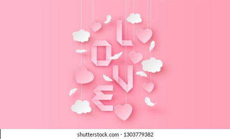 Paper art of Love text calligraphy and decorated hanging with heart and cloud. Valentine's greeting card. paper cut and craft style. vector, illustration.