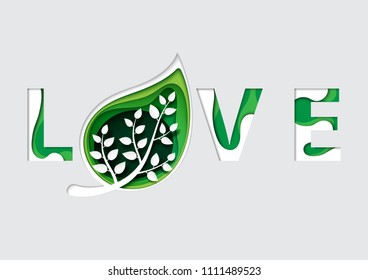 Paper art of love text with ecology and nature concept background.Vector illustration.