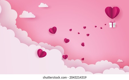 Paper art of love and valentine day with paper heart balloon and gift box float on the blue sky. can be used for Wallpaper, invitation, posters, banners. Vector design.