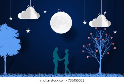 Paper art. lovers join hands with moon in the night. romantic scence with Love tree, stars, clouds and moon. Valentine's Day. Vector illustration.