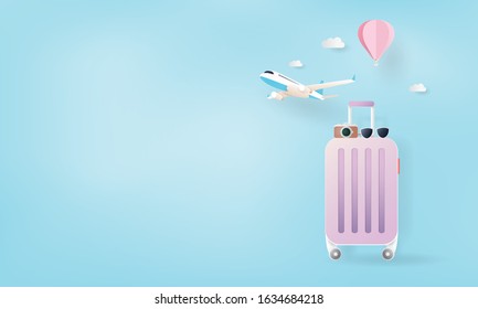 Paper art of luggage and accessories travel around the world, Holiday concept