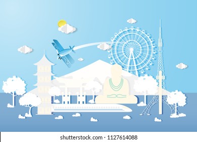 Paper art made paper craft,Info graphics with concept travel and landmark japan template,Paper art idea and digital craft.