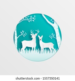 Paper art made deer couple in the forest on blue background. Digital craft paper cut style.