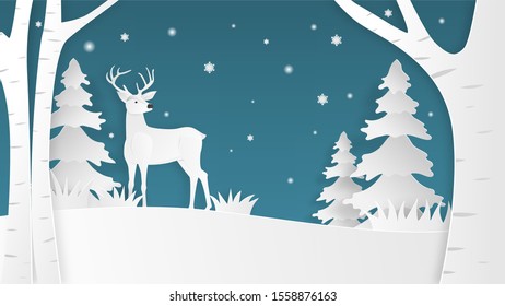Paper art made deer in the forest on blue background. Digital craft paper cut style.