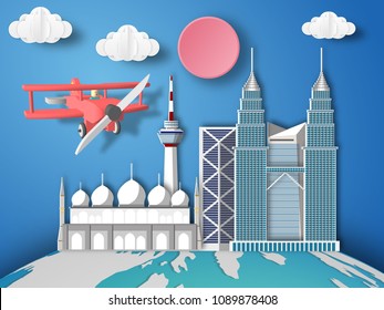 Paper art Malaysia infographic . Airplane flying to Malaysia.