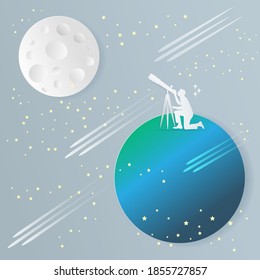 Paper art of man kneeling on earth watching Moon by telescope. paper cut concept illustration