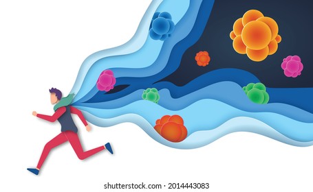 Paper art of a man run away from virus and bacteria, origami concept, vector paper cut and illustration.