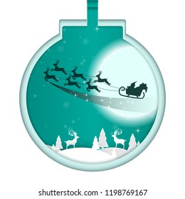 Paper art Merry Christmas greeting card, Christmas balls, Santa sleigh Reindeers on the moon,vector illustration eps10.