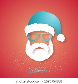 Paper art Merry Christmas greeting card with Santa Claus in glasses on red background. Hipster style. Vector illustration. Feliz Navidad - Merry Christmas.