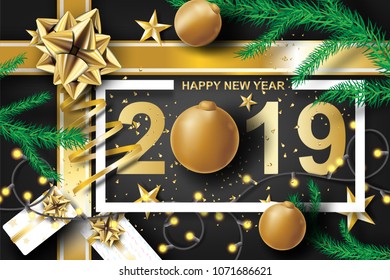 Paper art of merry christmas and happy new year 2019 with black tone color background Vector Design for greeting cards, flyers, invitations, posters, brochures, banners, calendars,gift