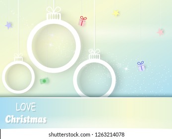 Paper art Merry Christmas and happy new year, Christmas balls with gift box symbol on bright green background with copy space ,vector illustration eps10.