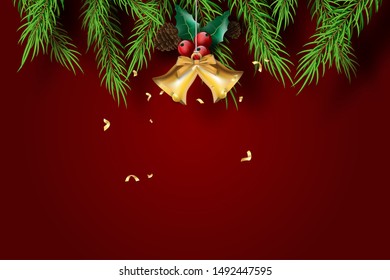 Paper art of Merry Christmas and Happy New Year with red tone background.Creative minimal pine tree and Golden bell for greeting card.Holiday festival party decoration element graphic poster.Vector 