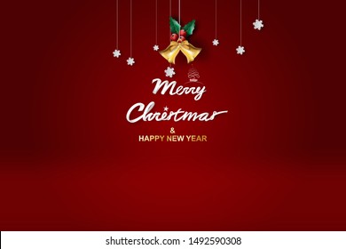 Paper art of Merry Christmas and Happy New Year with red tone background.Creative minimal holly leaf and Golden bell for greeting card.Holiday festival party decoration element graphic poster.Vector 