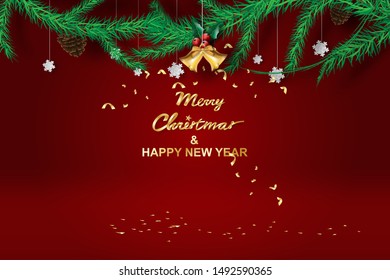 Paper art of Merry Christmas and Happy New Year with red tone background.Creative minimal pine tree and Golden bell for greeting card.Holiday festival party decoration element graphic poster.Vector 