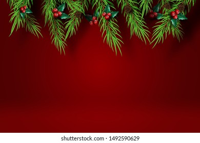 Paper art of Merry Christmas and Happy New Year with red tone background.Creative minimal pine tree and holly tree for greeting card.Holiday festival party decoration element graphic poster.Vector 