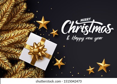 Paper art of Merry Christmas and happy new year calligraphy hand write with golden Christmas tree, golden star and white gift box on black.