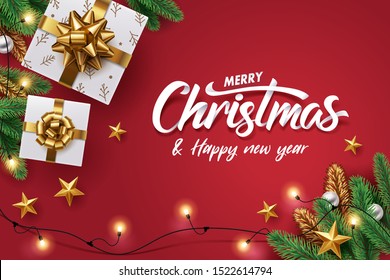 Paper art of Merry Christmas and happy new year calligraphy hand write with Christmas tree, golden star and white gift box on red.