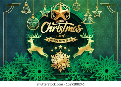 Paper art of Merry Christmas and happy new year calligraphy hand write with golden star and snow flakes.