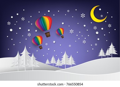 paper art Merry Christmas and Happy New Year ,snow ,tree, Balloon, moon night