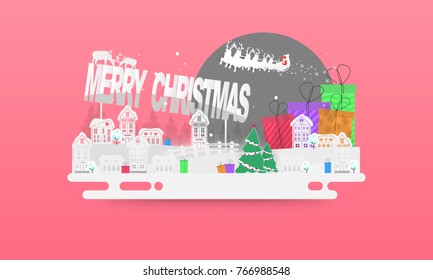 paper art Merry Christmas & Happy New Year. vector Illustration of Santa Claus on the sky coming to City and have Tree, raindeer decoration on snow