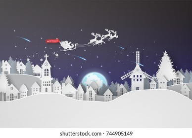 Paper art of Merry Christmas at night background.Creative design graphic Happy new year festival day.Landscape home mountain in forest winter season.Holiday decoration card vector illustration.EPS10