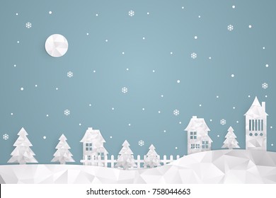 Paper art of Merry Christmas. Polygon winter Snow Urban Countryside Landscape City Village, for design, vector illustration eps 10.