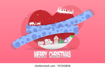 paper art Merry Christmas. vector Illustration of Santa Claus on the sky coming to City in my heart