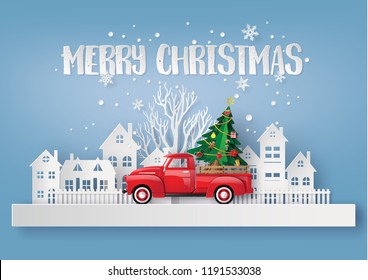  Paper art of Merry Christmas and winter season with red truck carry Christmas tree.