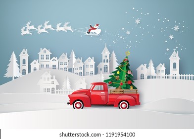 
 Arte de papel de Feliz Navidad e invierno con coche rojo llevando árbol de Navidad.