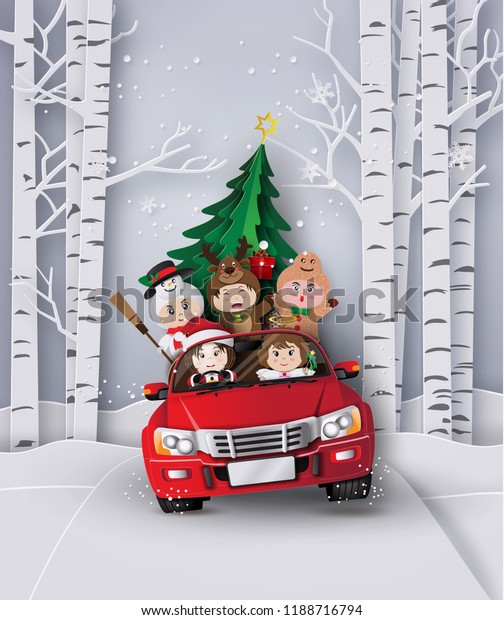 Paper art  of Merry christmas and winter  with\
children on red car.